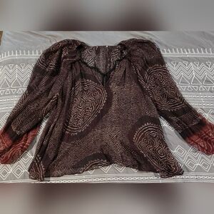 Ulla Johnson Brown and Maroon Printed Peasant Blouse
